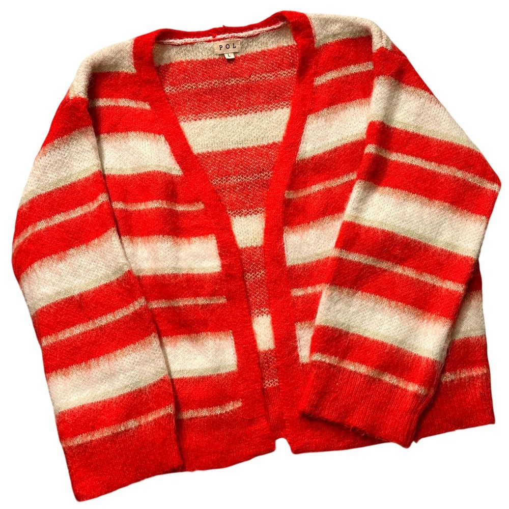POL Cardigan‎ Sweater Womens Large Red Striped Fuzzy Knit Wool Blend Open Front